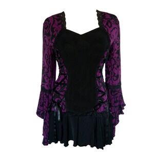 Y2K Dare to Wear Fashion Purple Black‎ Goth Corset Bell Sleeve Lace Up Top 5X